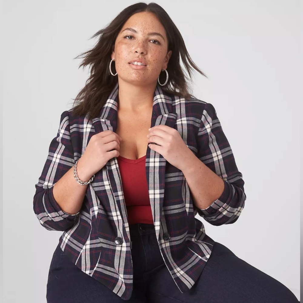 Lane Bryant Cropped Blazer Navy with Red and White Plaid